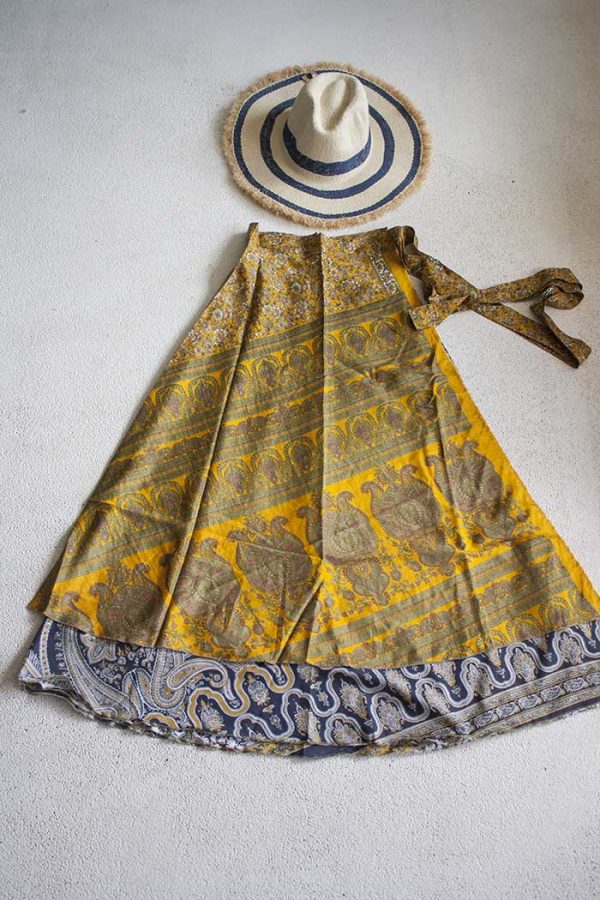 Gipsy bohemian sari wikkelrok geel wit blauw