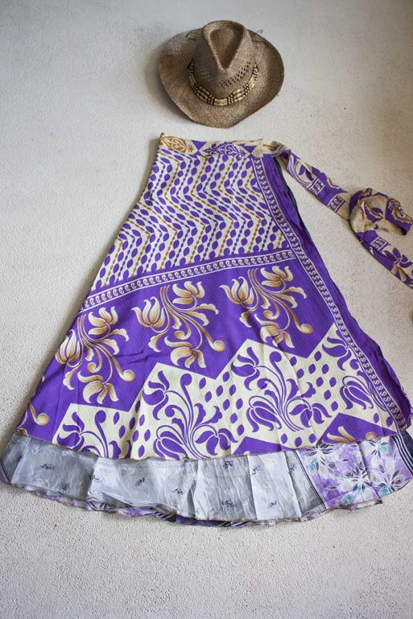 Gipsy bohemian sari wikkelrok paars lichtbruin en grijs