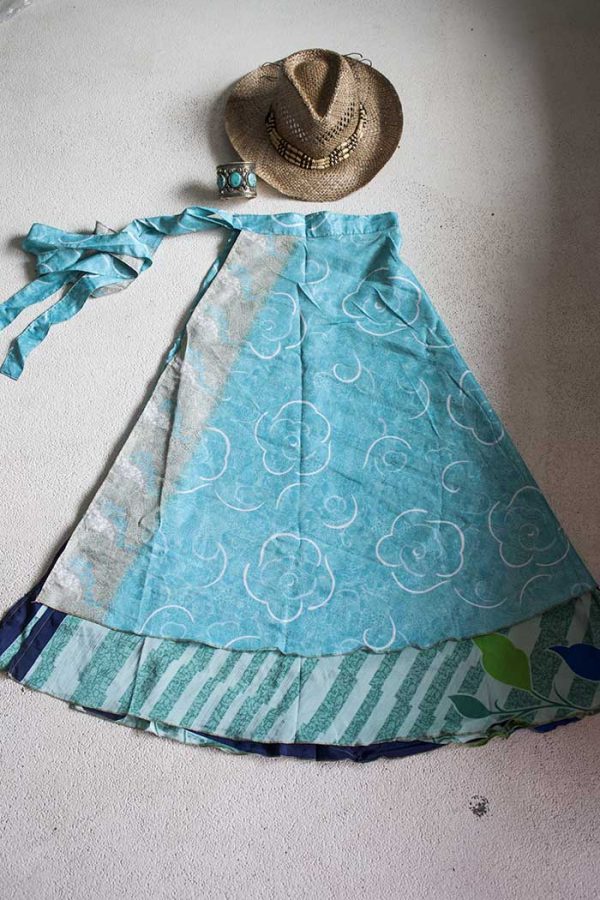 Gipsy bohemian sari wikkelrok licht turqoise met blauw