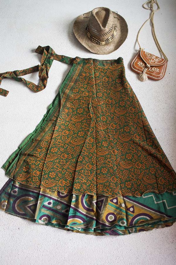 Gypsy bohemian sari wrap skirt orange with green