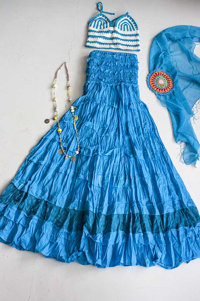 Bekijk Product: Lange gipsy zigeuner rok stroken helder turqoise blauw katoen - Bohemian