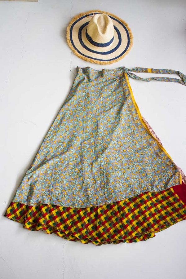 magical sari wrap skirt bohemian yellow with lilac and vintage checks