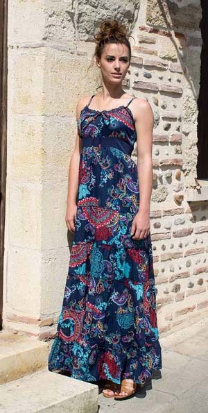 Lange boho jurk donkerblauw met mandala katoen
