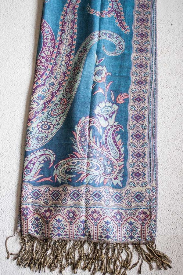 Pashmina sjaal met franjes turqoise met roze en fuchsia