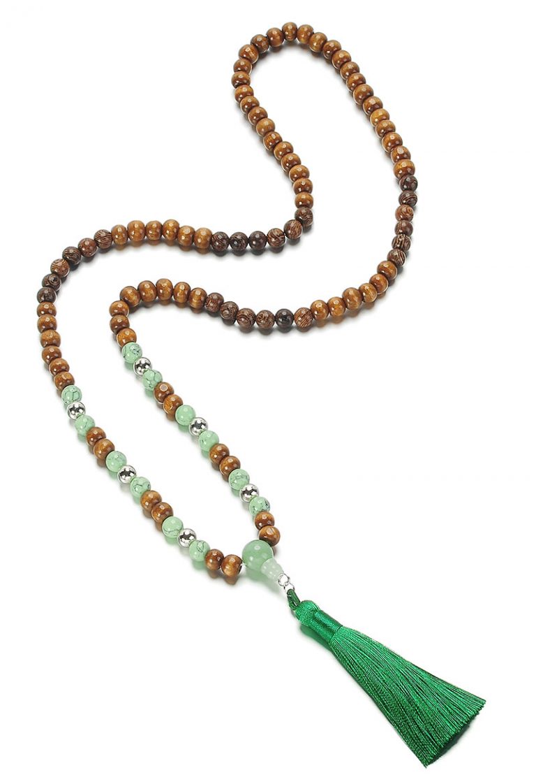 Bekijk Product Boho mala ketting hout en groen aventurijn met