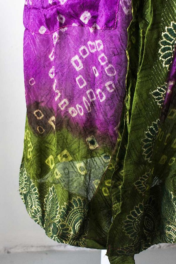 Kimono lang sari zijde fuchsiapaars met diep olijfgroen