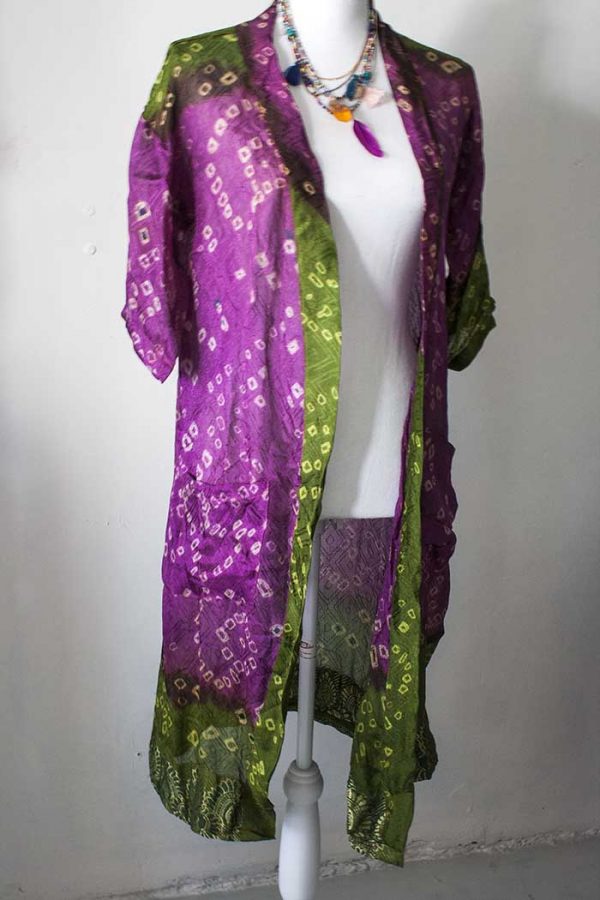 Kimono lang sari zijde fuchsiapaars met diep olijfgroen