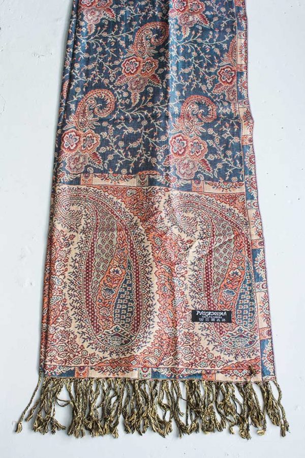 Pashmina sjaal met franjes donker turqoise blauw met zacht oranje