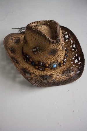 hoed boho cowboy stro bruin met kralen en steen