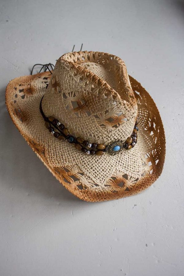 hoed boho cowboy stro licht bruin met kralen en steen