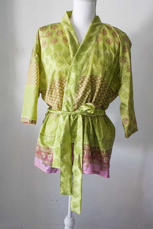 kimono kort licht groengeel met roze