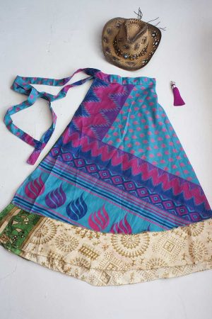 gypsy magische sari India wikkelrok turqoise blauw met roze