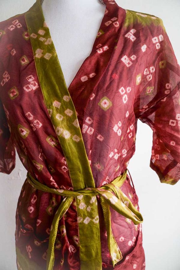 Kimono lang donker bruinrood met olijfgroen korte mouw