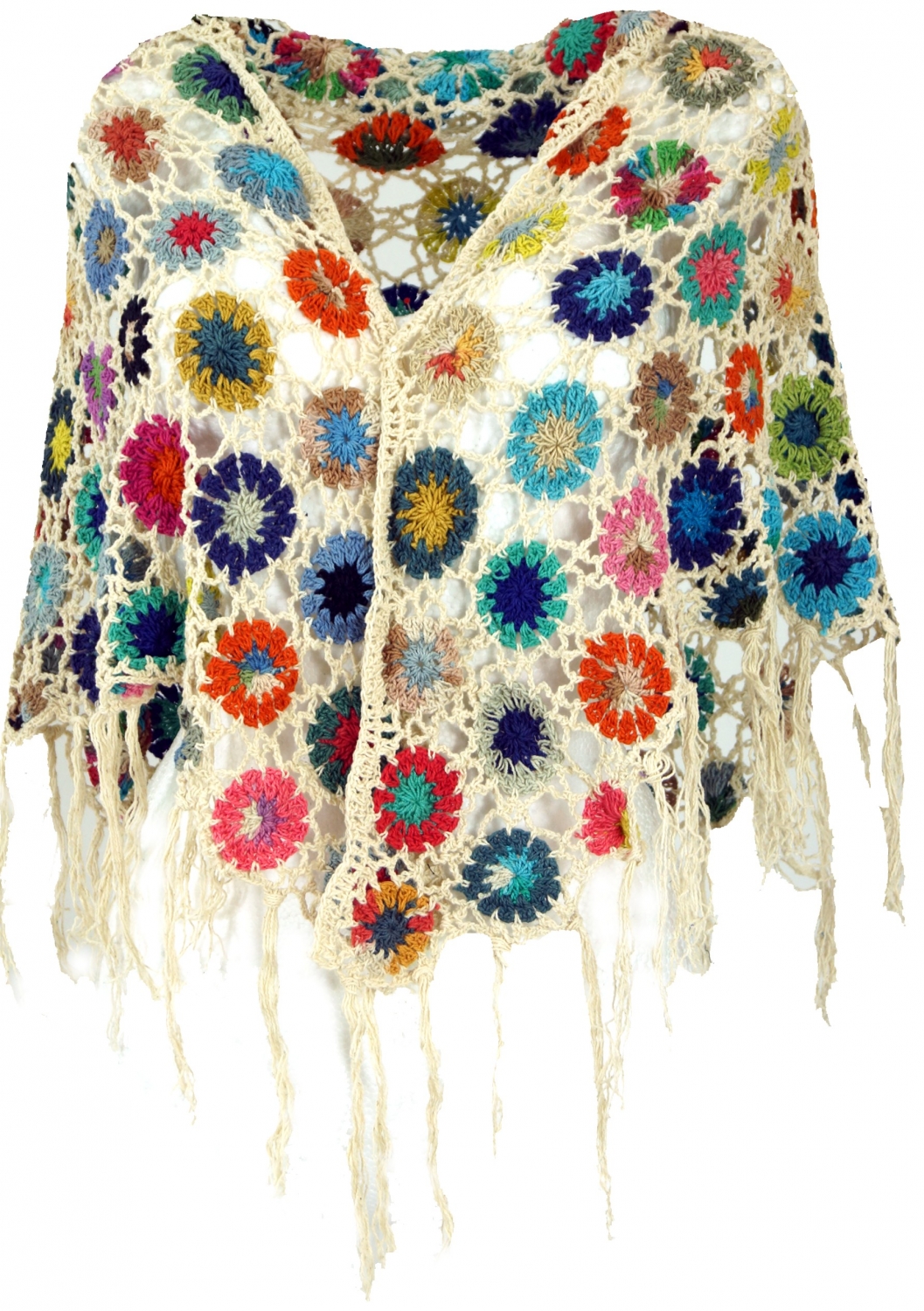 protest Reorganiseren pols Bekijk Product: Gehaakte poncho sjaal in roomwit met gekleurde bloemetjes  100% katoen - Bohemian Treasures