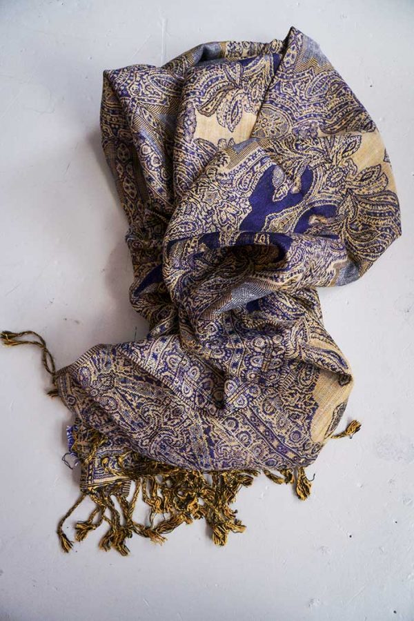 pashmina sjaal met franjes donkerblauw geelbeige
