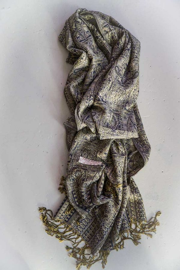 Pashmina sjaal met franjes grijs goud en donkerblauw