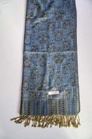 Pashmina sjaal met franjes helderblauw met goudbruin en zwart