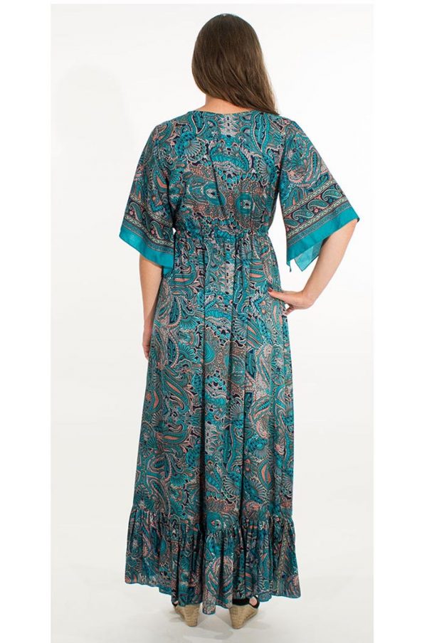 Kimono jurk petrol groen met prachtige paisley print in donkerblauw met zalm