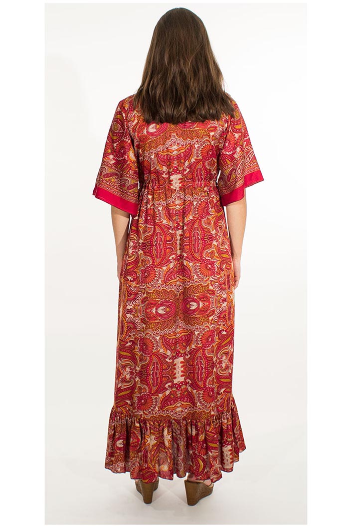 Geletterdheid Diakritisch Afleiding Bekijk Product: Gipsy lange jurk kimono model helder rood met paisley print  in okergeel en wit - Bohemian Treasures