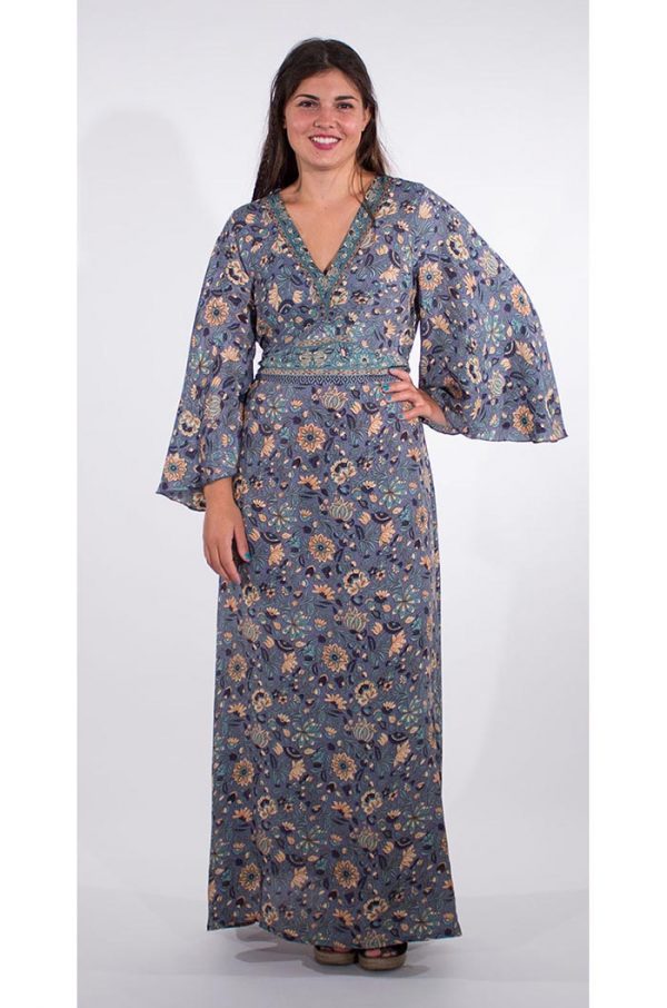 Kimono model jurk grijsblauw met oosterse bloemen