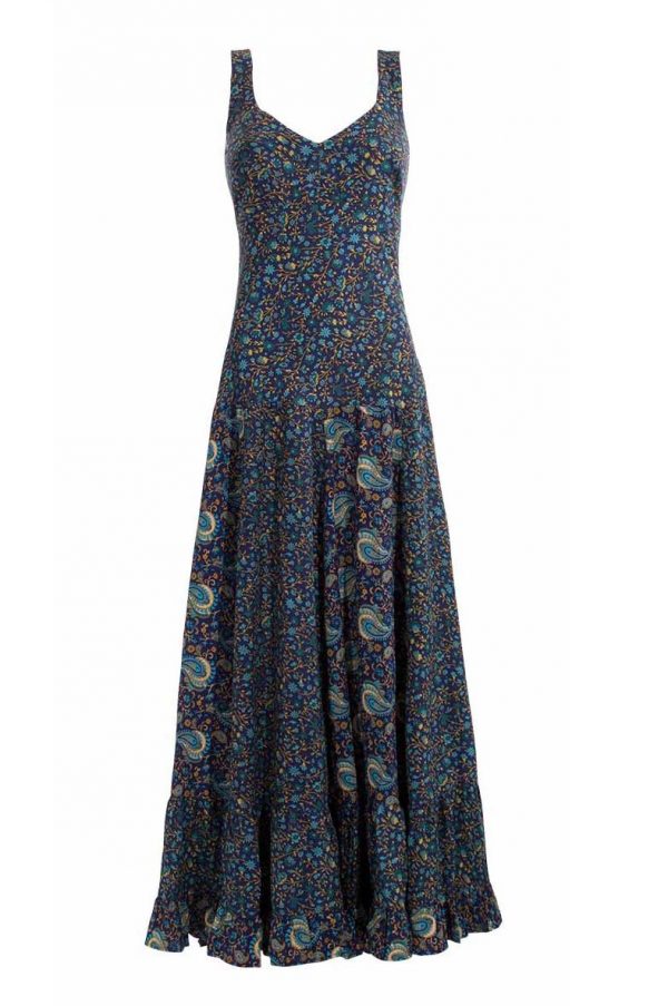 Lange boho jurk blauw met bloemen en paisley