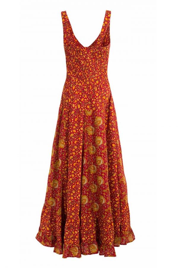 Lange boho jurk rood met bloemen en paisley
