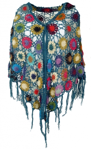 Ver Producto: Bufanda tipo poncho a crochet en azul denim con flores de colores - Bohemian Treasures
