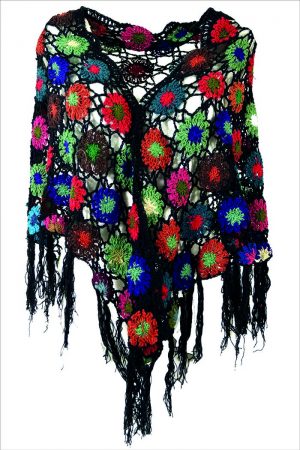 Gehaakte sjaal poncho met bloemetjes zwart