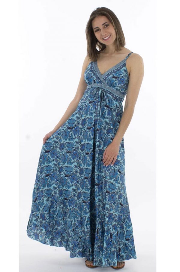 Lange boho gipsy jurk grijsblauw en blauw
