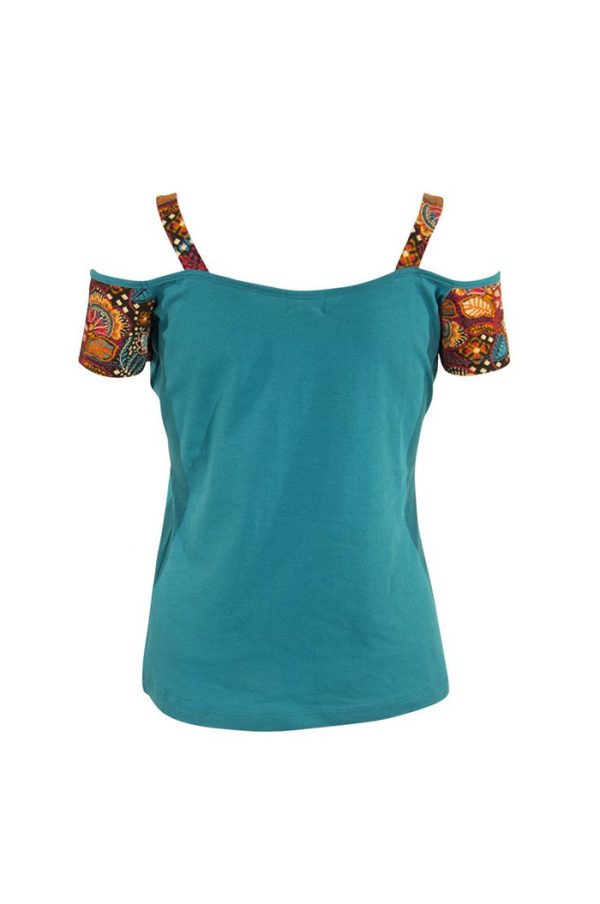 Shirt aqua turquoise off shoulder met bladerprintje