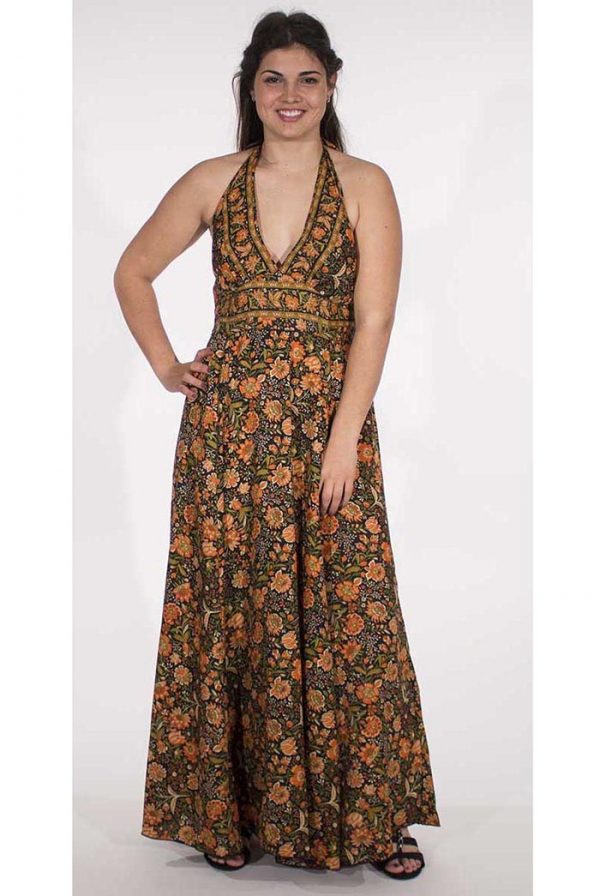 haltermodel lange gipsy jurk zwart met olijfgroen en oranje