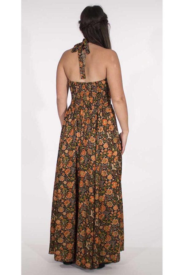 haltermodel lange gipsy jurk zwart met olijfgroen en oranje