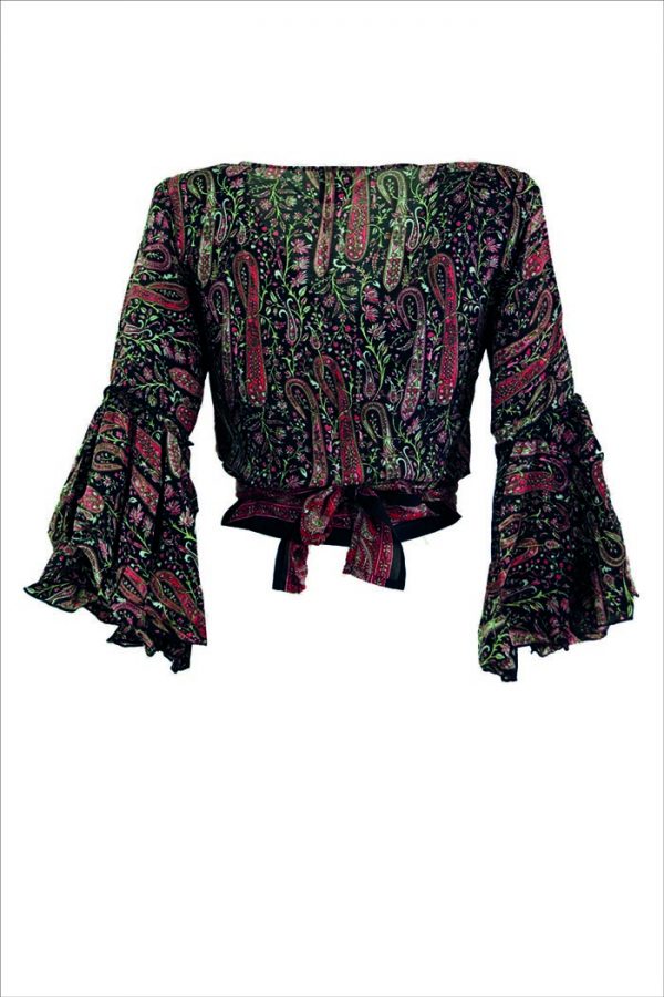 Wrap blouse with flared sleeves balck and red oriental