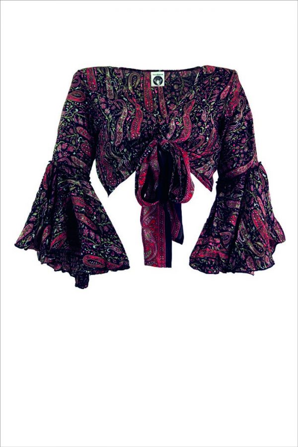 Wrap blouse with flared sleeves balck and red oriental