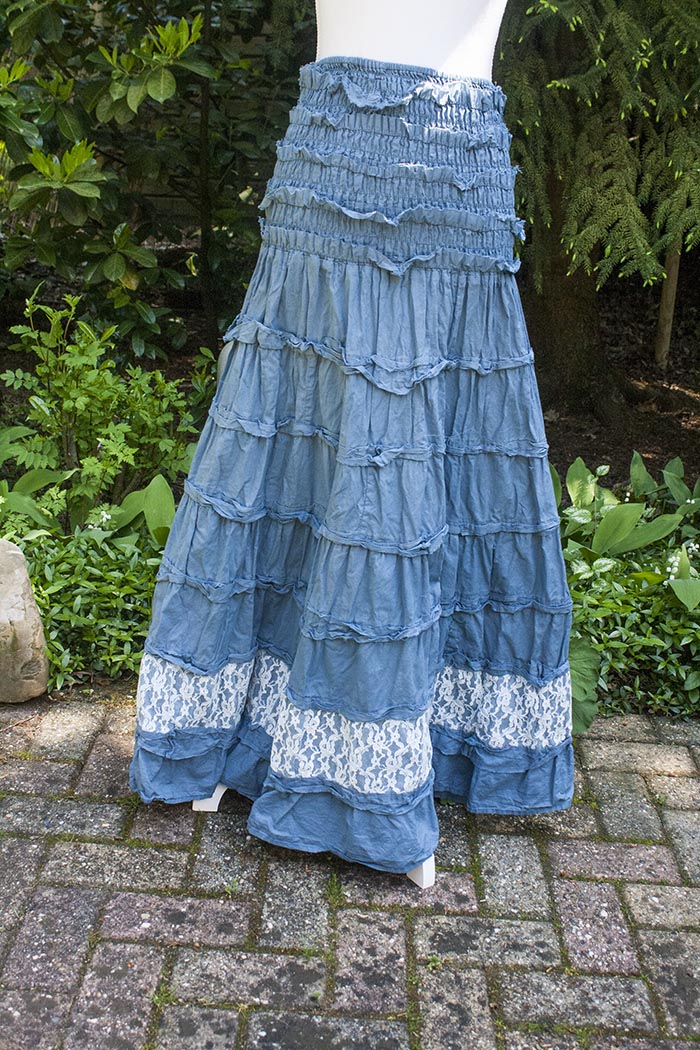 Bekijk Product: gipsy zigeuner rok stroken grijsblauw katoen met kanten strook - Treasures