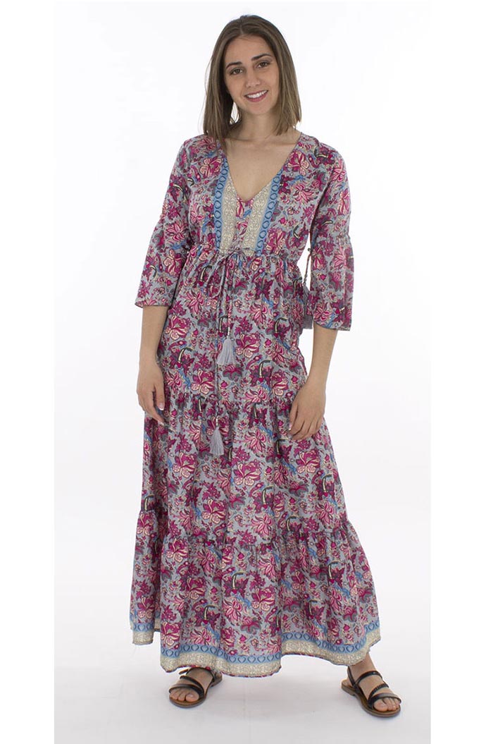 Schouderophalend Onderdompeling schild Bekijk Product: Lange jurk met driekwart mouwtjes gipsy boho grijs met roze  - Bohemian Treasures