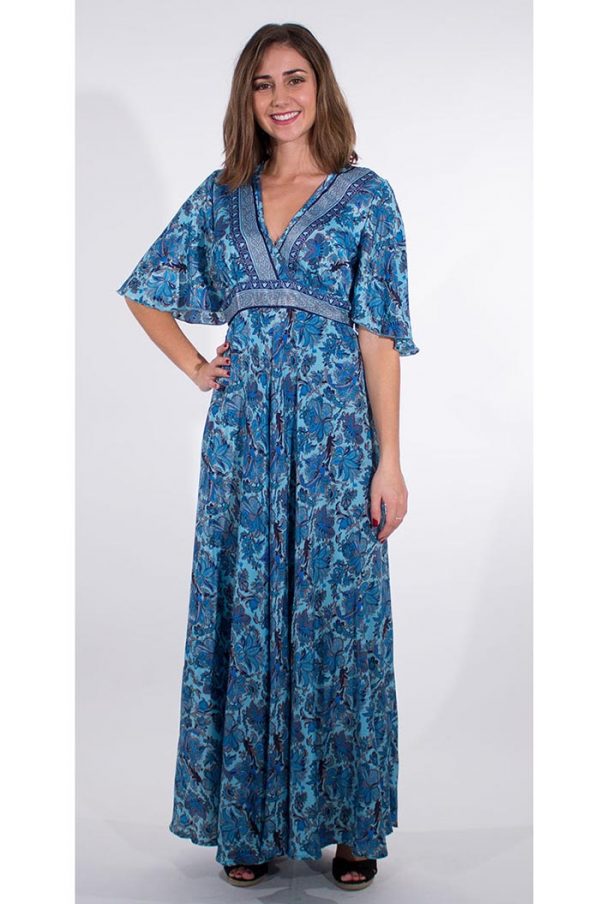 Lange gypsy boho jurk kimono Japans blauw lichtblauw
