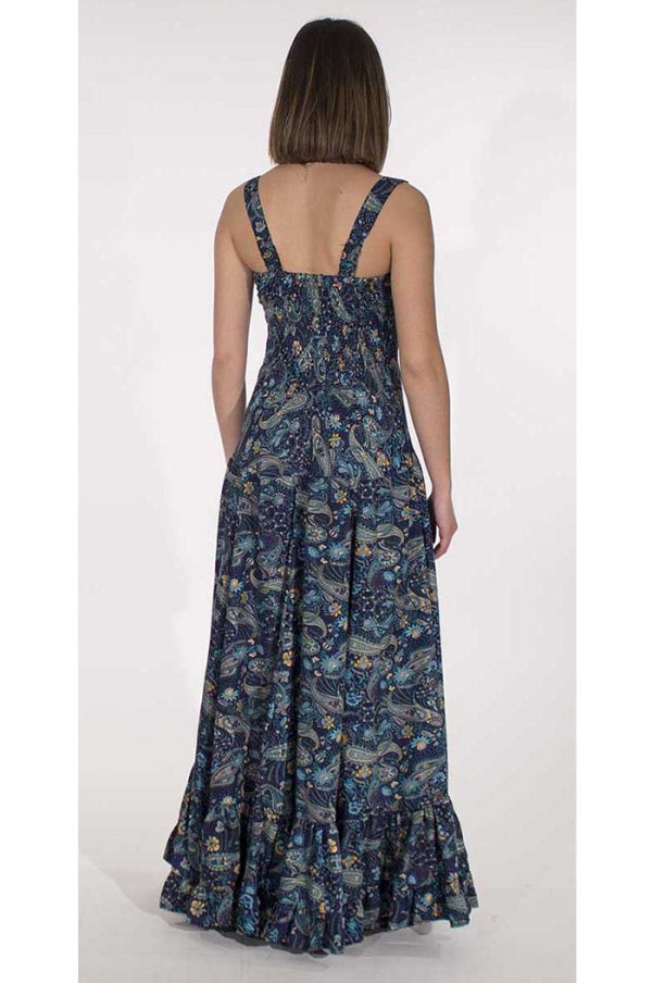 Lange boho jurk brede schouderbanden donkerblauw cashmere