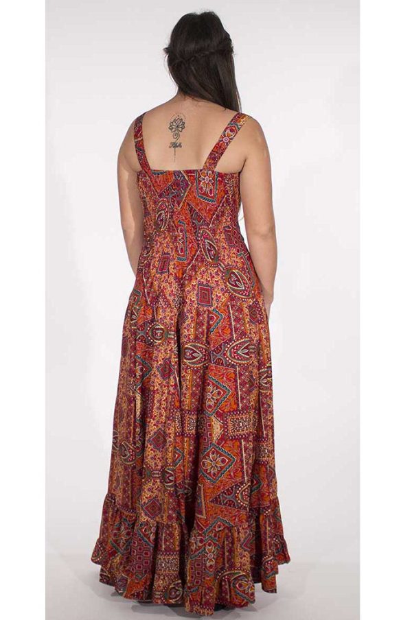 Lange boho jurk brede schouderbanden rood oranje oriental print