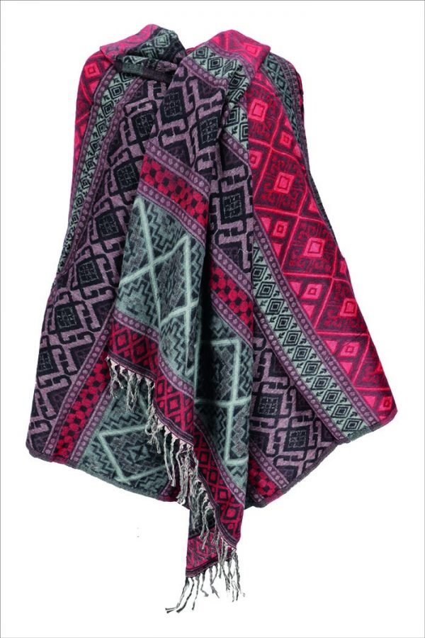 Poncho sjaal tribal rood grijs zwart lichtroze