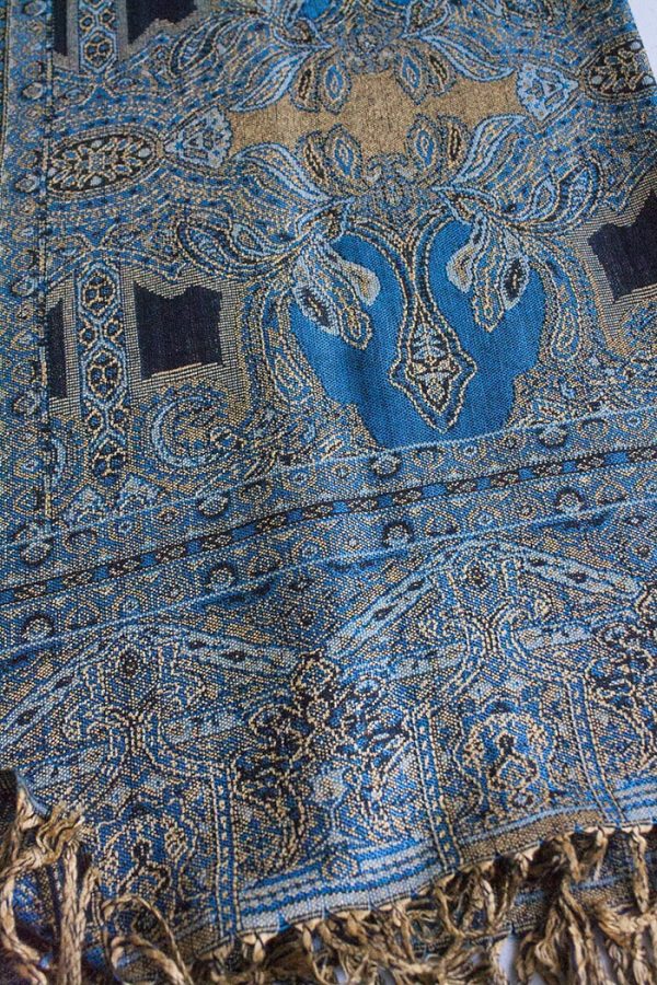 Pashmina sjaal met franjes blauw donkerbruin camel