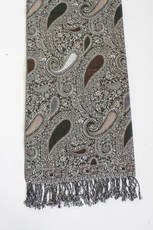 Pashmina sjaal met franjes donkergroen met bruin en wit