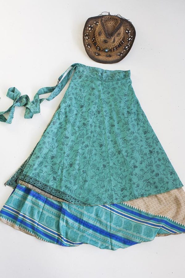 India sari magische wikkelrok aquagroen blauw beige