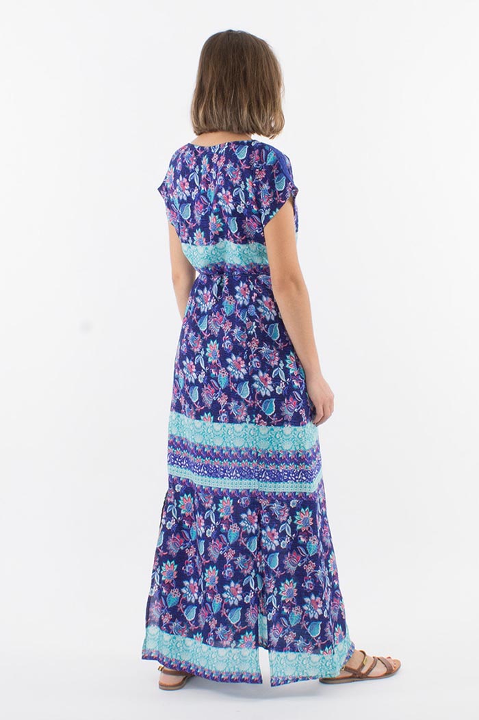 Boho lange jurk casual model met mopuwtjes blauw paars turq
