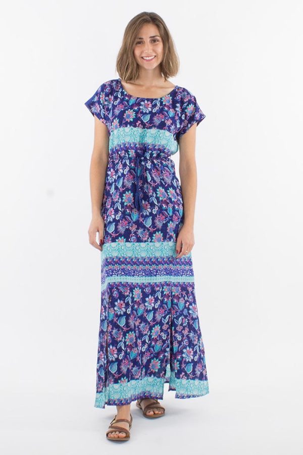 Boho lange jurk casual model met mopuwtjes blauw paars turq