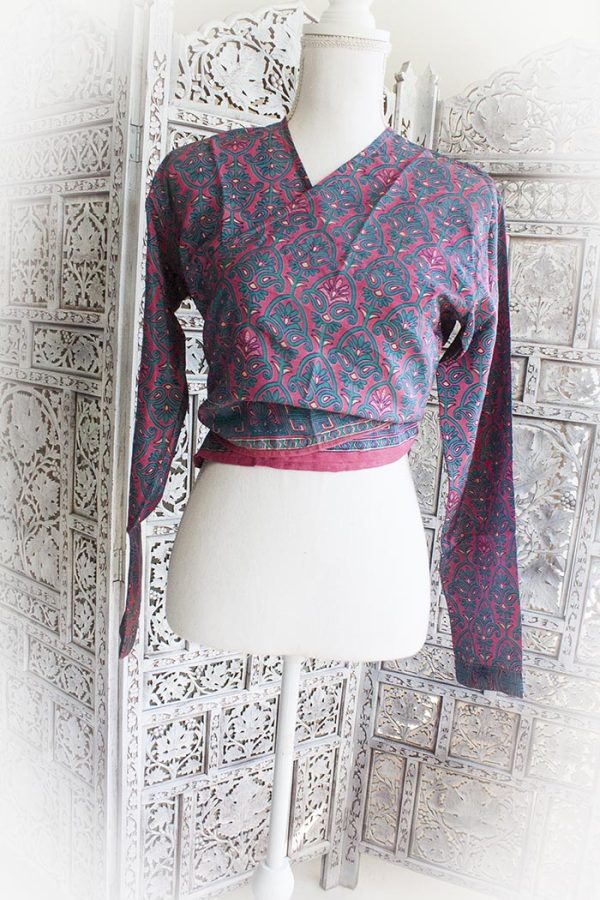 Wikkel blousje zijde rechte mouwen roze blauw