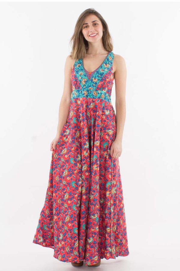 Gypsy dress helderrood met turqoise bloemetjes