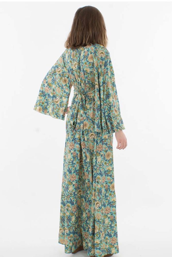 Kimono model jurk lange mouw turqoise bloemetjes
