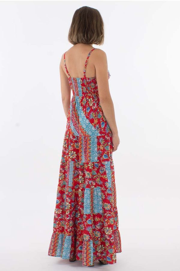 Lange gipsy jurk spaghetti bandjes rood lichtblauw bloemetjes