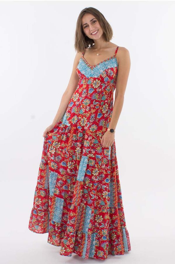 Lange gipsy jurk spaghetti bandjes rood lichtblauw bloemetjes